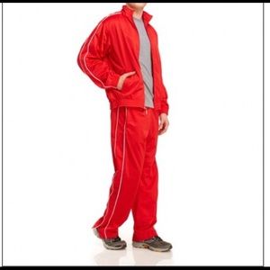 Red and white striped track suit